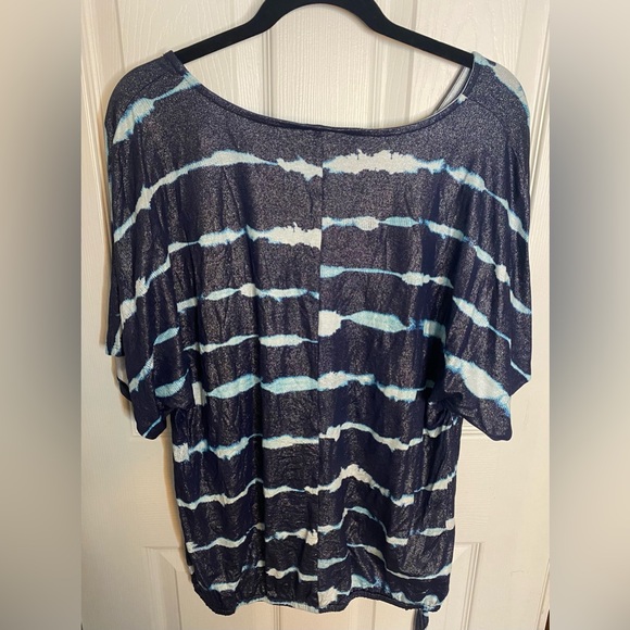 JM Collection Navy Turquoise & White Sparkle Tee w Side Tie - Picture 4 of 4